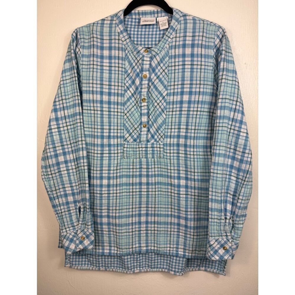 Vermont Country Store Blue Plaid Cotton Tunic Top Long Sleeve Size L Casual - Picture 2 of 8